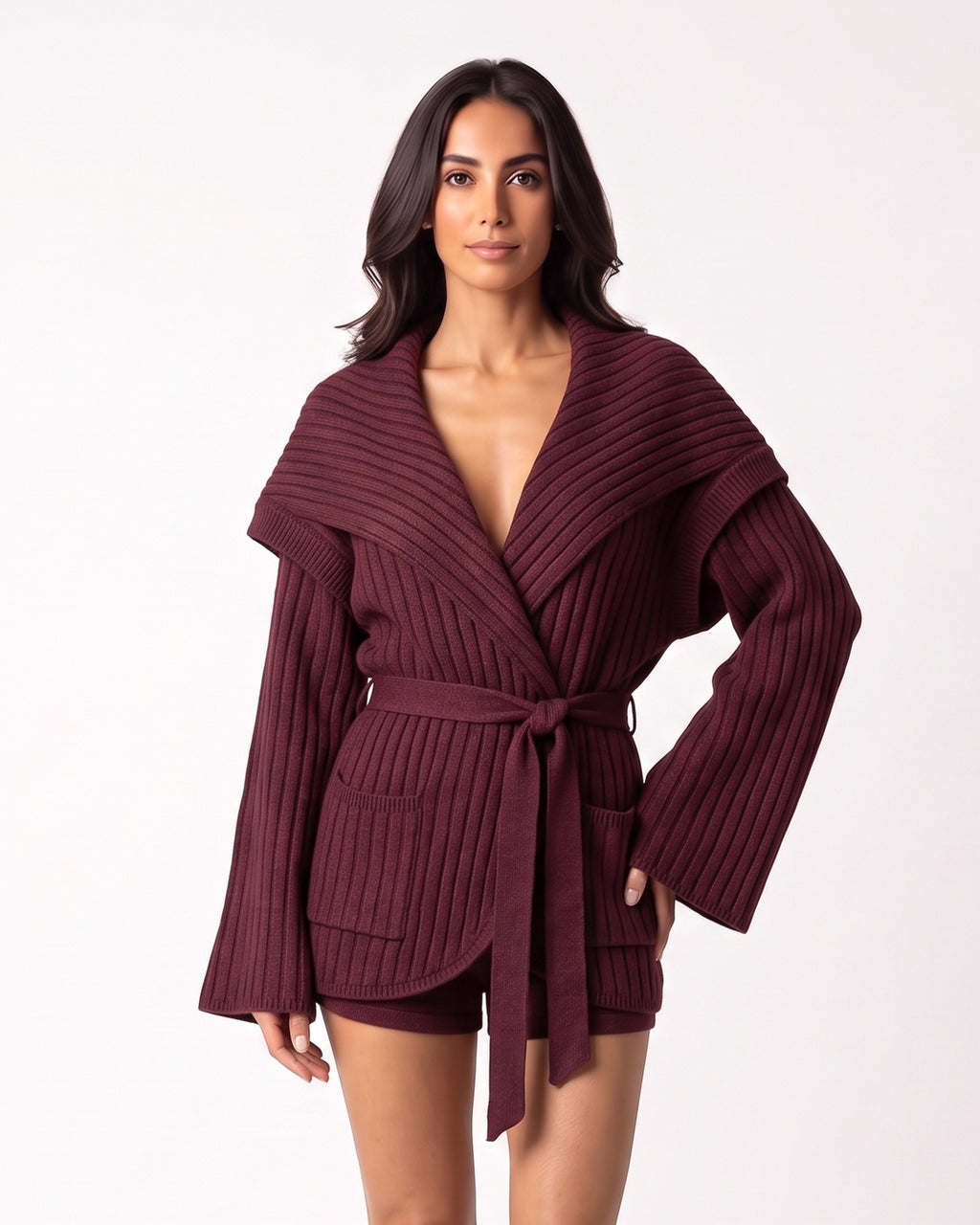 Burgundy ribbed knit cardigan with oversized shawl collar and matching tie-belt shorts
