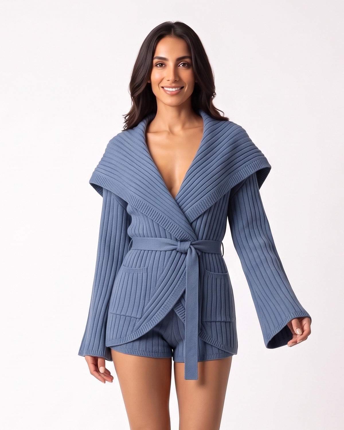 Denim blue ribbed knit cardigan with oversized shawl collar and matching tie-belt shorts