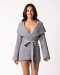 Gray ribbed knit cardigan with oversized shawl collar and matching tie-belt shorts