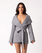 Gray ribbed knit cardigan with oversized shawl collar and matching tie-belt shorts