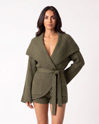 Olive ribbed knit cardigan with oversized shawl collar and matching tie-belt shorts