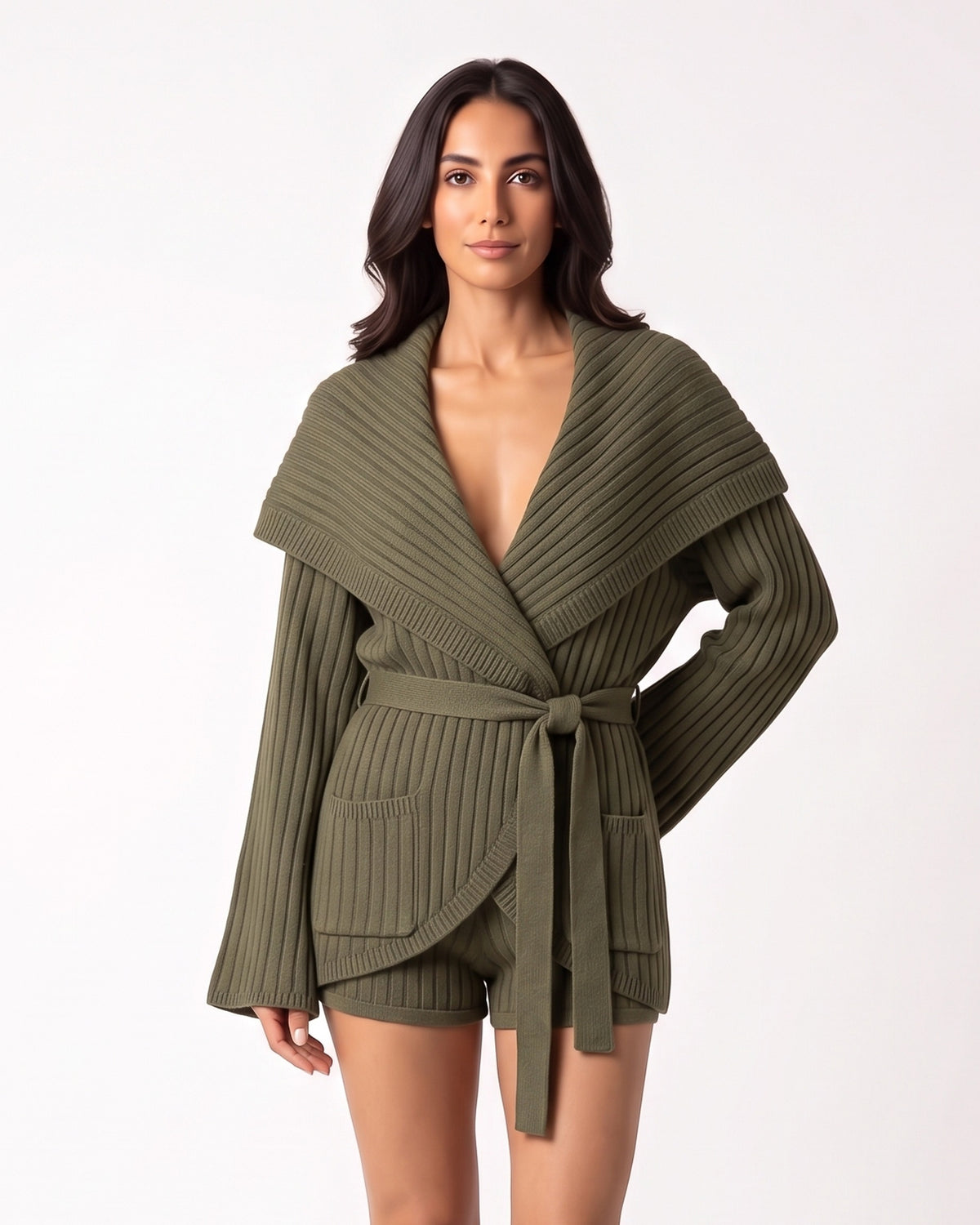 Olive ribbed knit cardigan with oversized shawl collar and matching tie-belt shorts