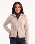 Beige cashmere cable-knit zip-up cardigan with stand collar and ribbed cuffs