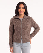 Dark brown cashmere cable-knit zip-up cardigan with ribbed cuffs and collar