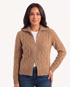 Camel cashmere cable-knit zip-up cardigan, ribbed hem and cuffs