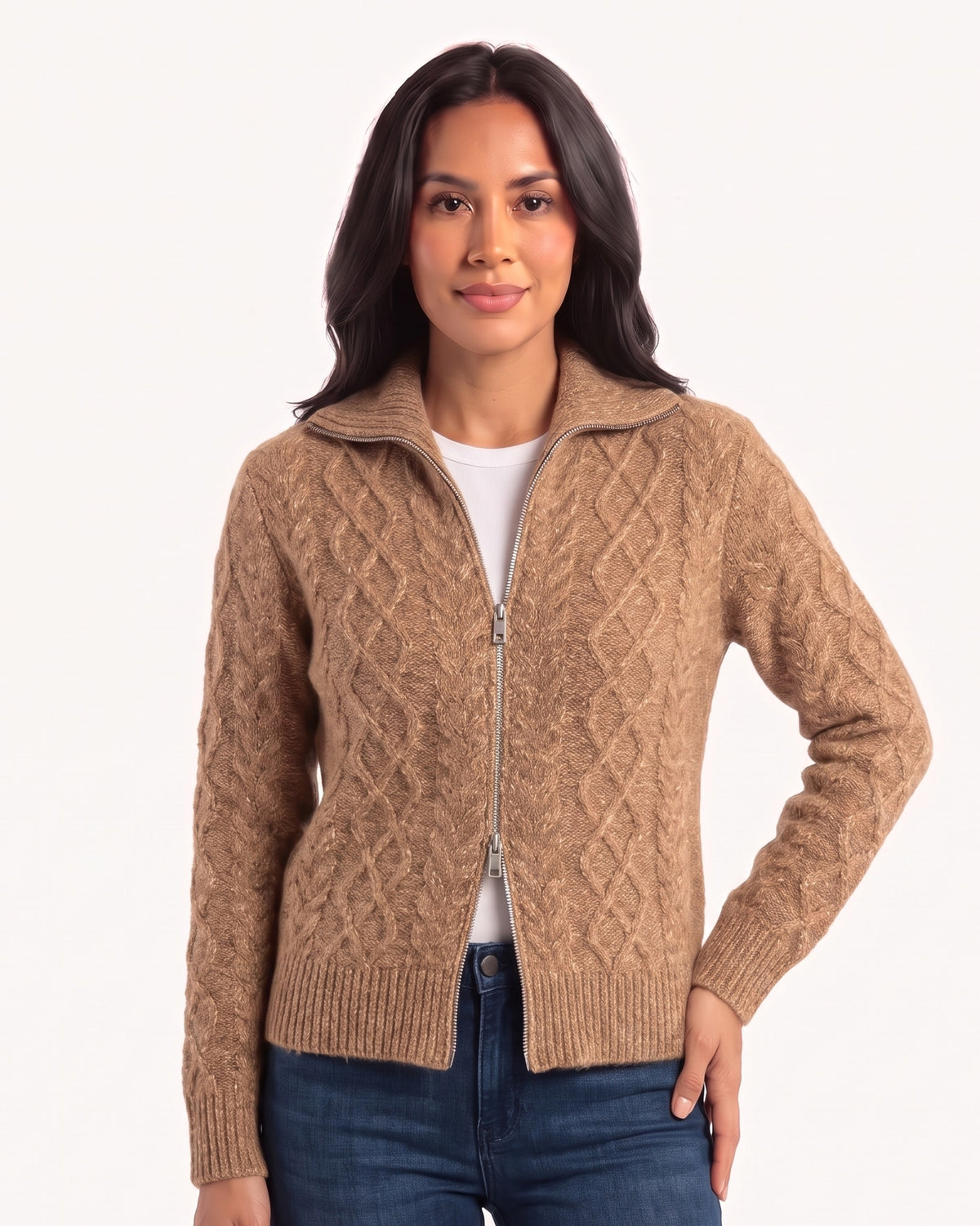 Camel cashmere cable-knit zip-up cardigan, ribbed hem and cuffs