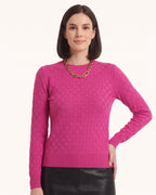 Hot pink checkered knit crew-neck sweater with long sleeves