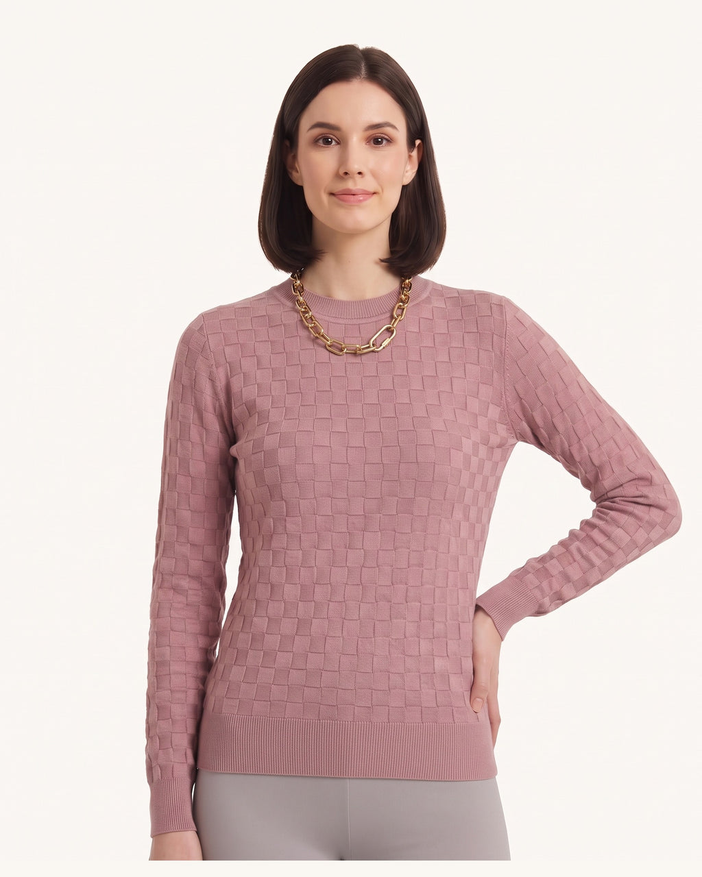 Women’s mauve textured check knit crewneck sweater with long sleeves