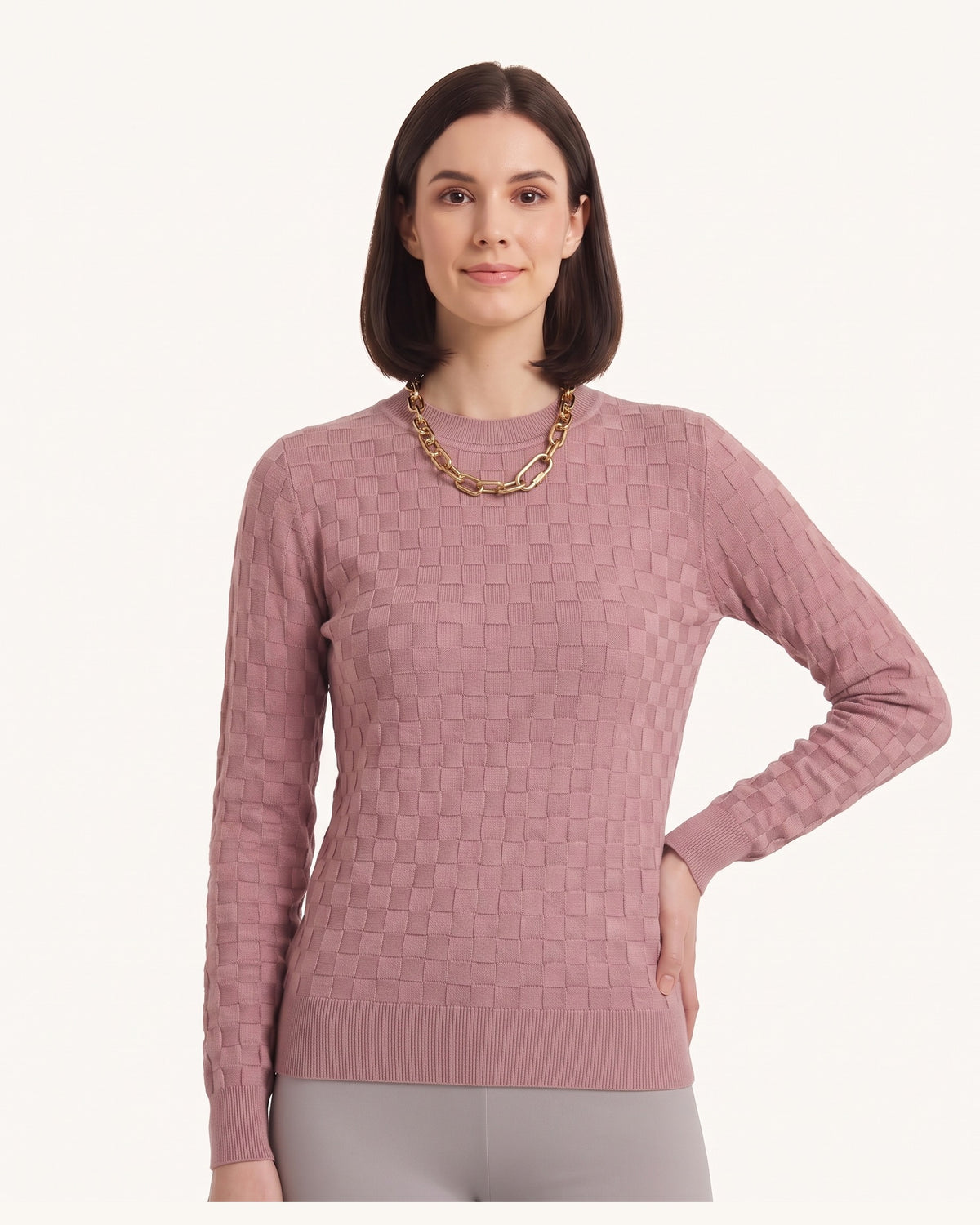 Women’s mauve textured check knit crewneck sweater with long sleeves