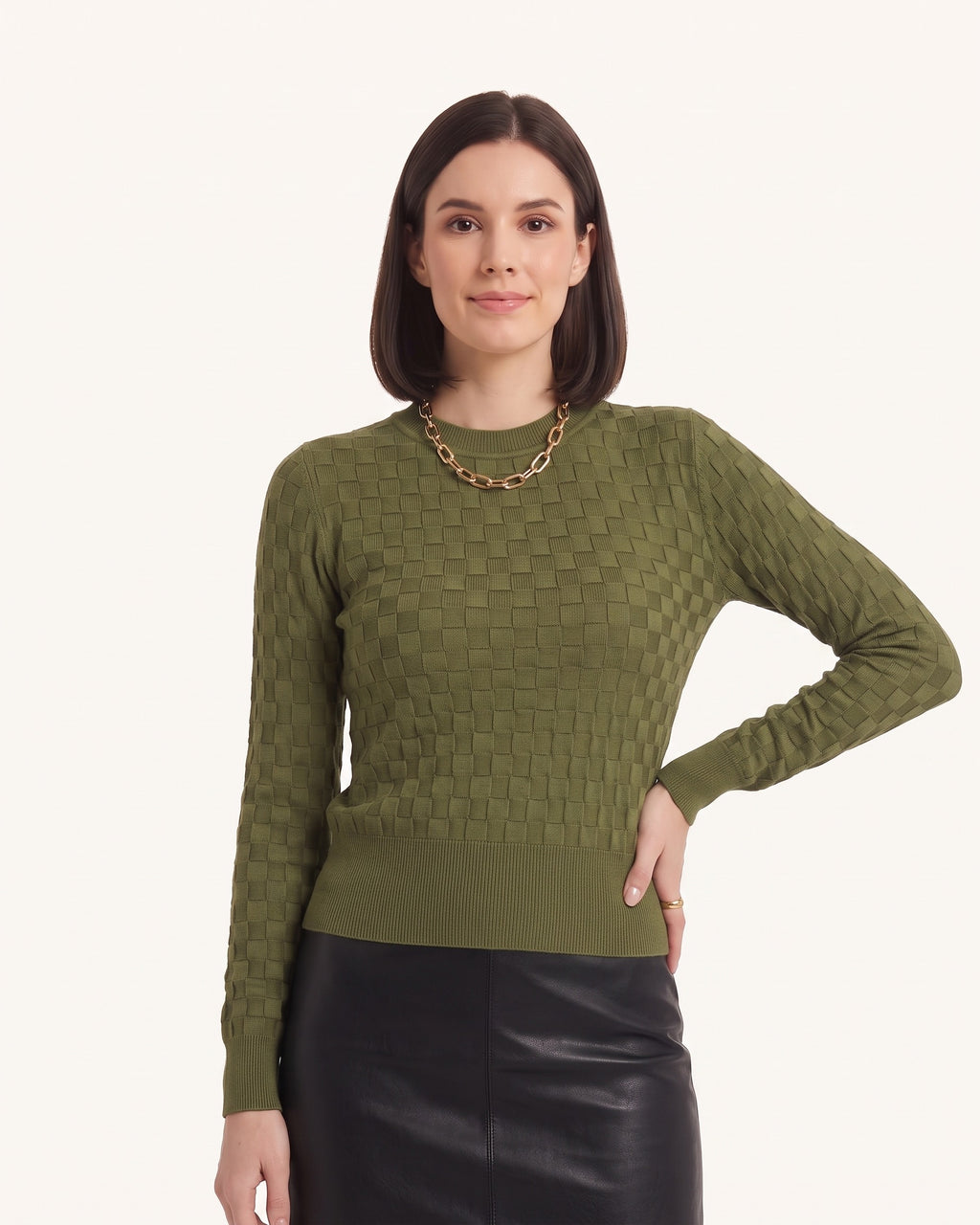 Women’s olive checkered knit crewneck sweater with long sleeves
