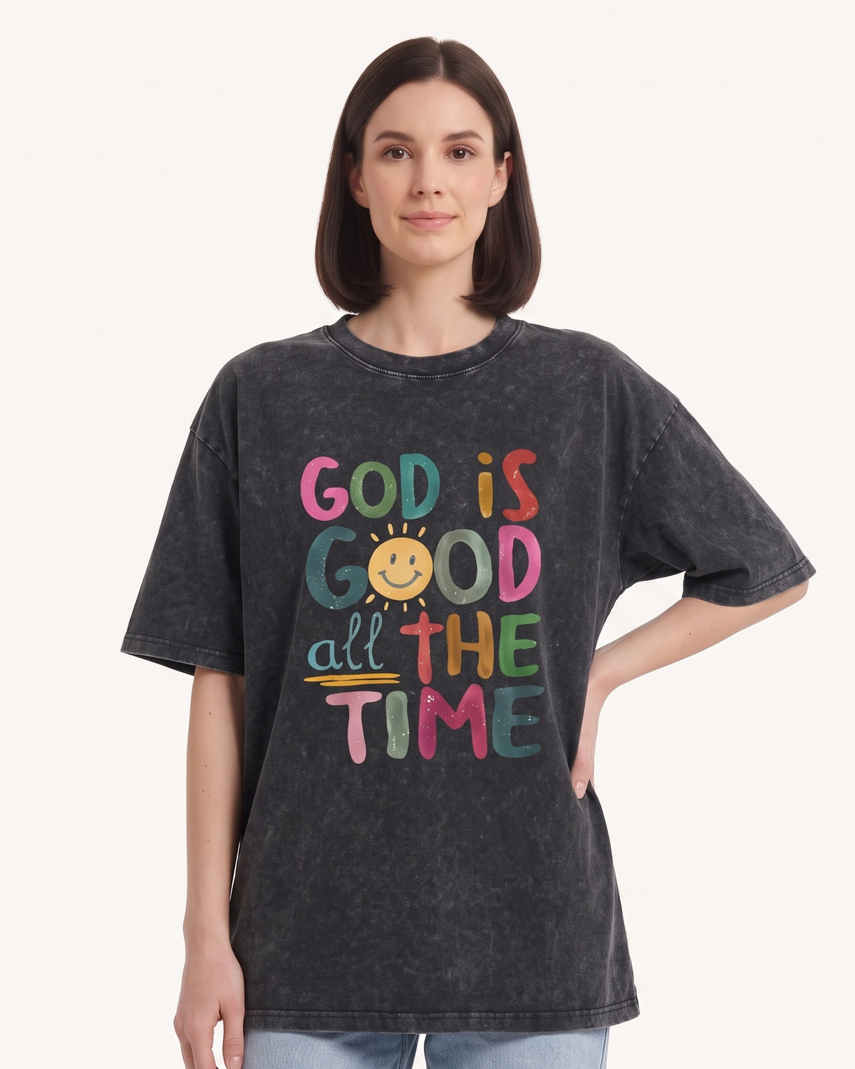 Black oversized washed cotton T-shirt with “God is Good all the Time” front graphic