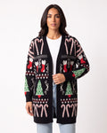 Women’s open-front long cardigan sweater in black with holiday cat, tree, and candy-cane stripe motifs