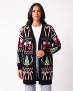Women’s open-front long cardigan sweater in black with holiday cat, tree, and candy-cane stripe motifs