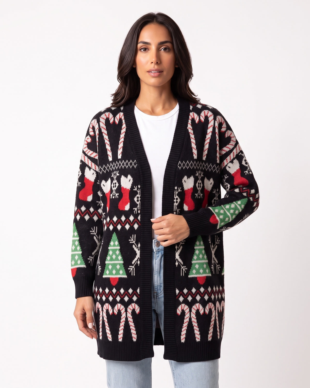 Women’s open-front long cardigan sweater in black with holiday cat, tree, and candy-cane stripe motifs