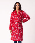 Red plush wrap bathrobe with snowflake print, shawl collar and tie belt, long sleeves