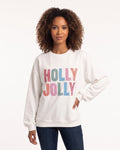 White crewneck sweatshirt with “Holly Jolly” multicolor check patch logo
