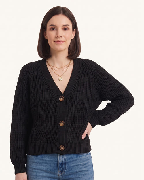Chunky knit cardigan in black with V-neck, button front, and balloon sleeves