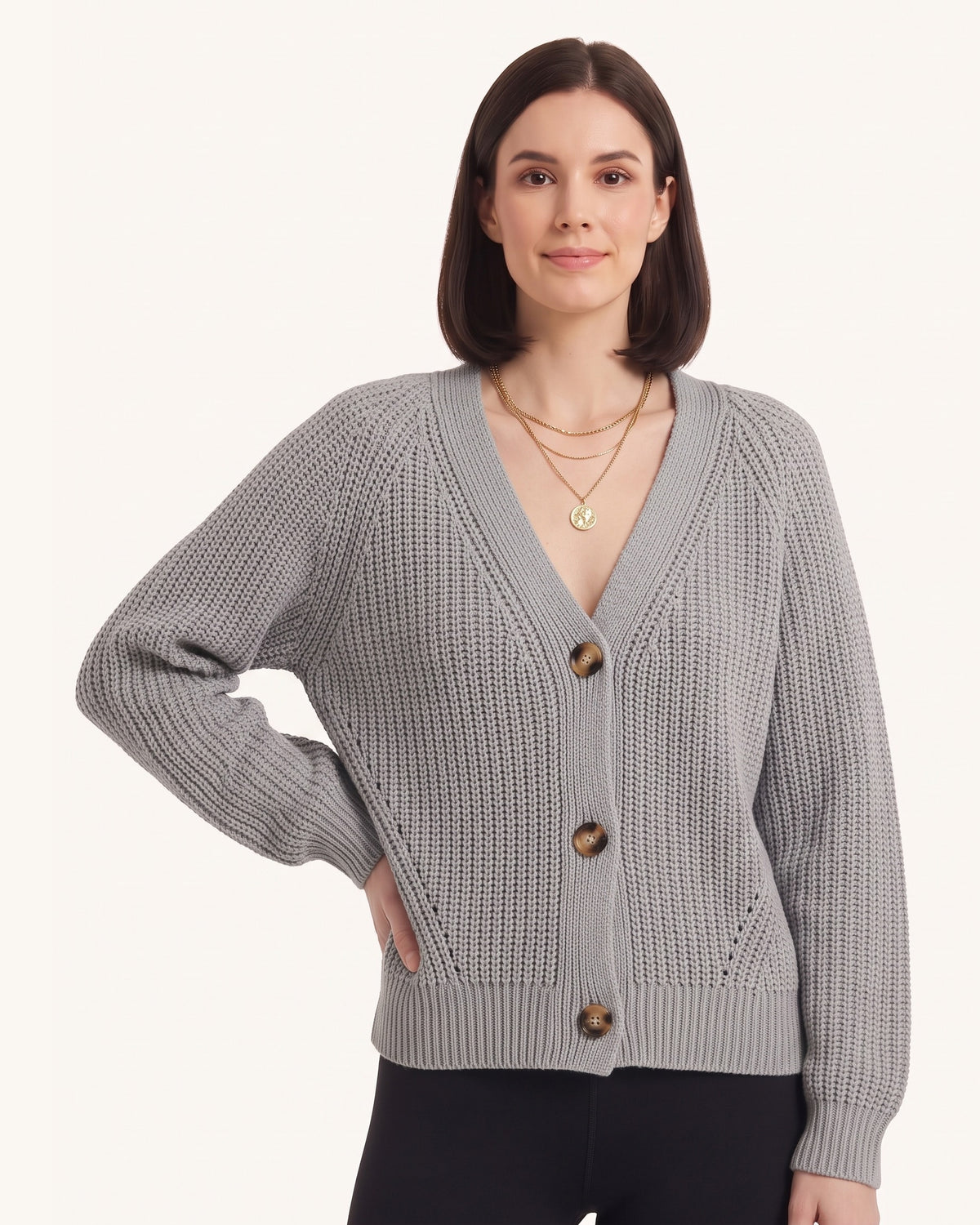 Chunky knit cardigan with V-neck button front, gray, balloon sleeves