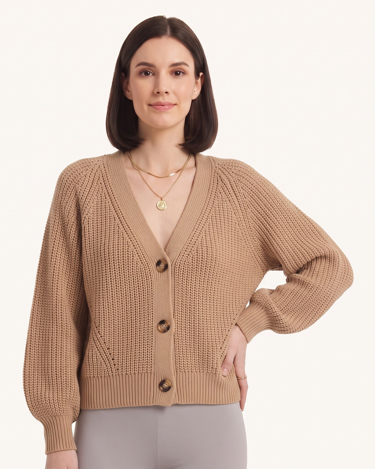 Chunky knit cardigan with V-neck button front, khaki tan, balloon sleeves