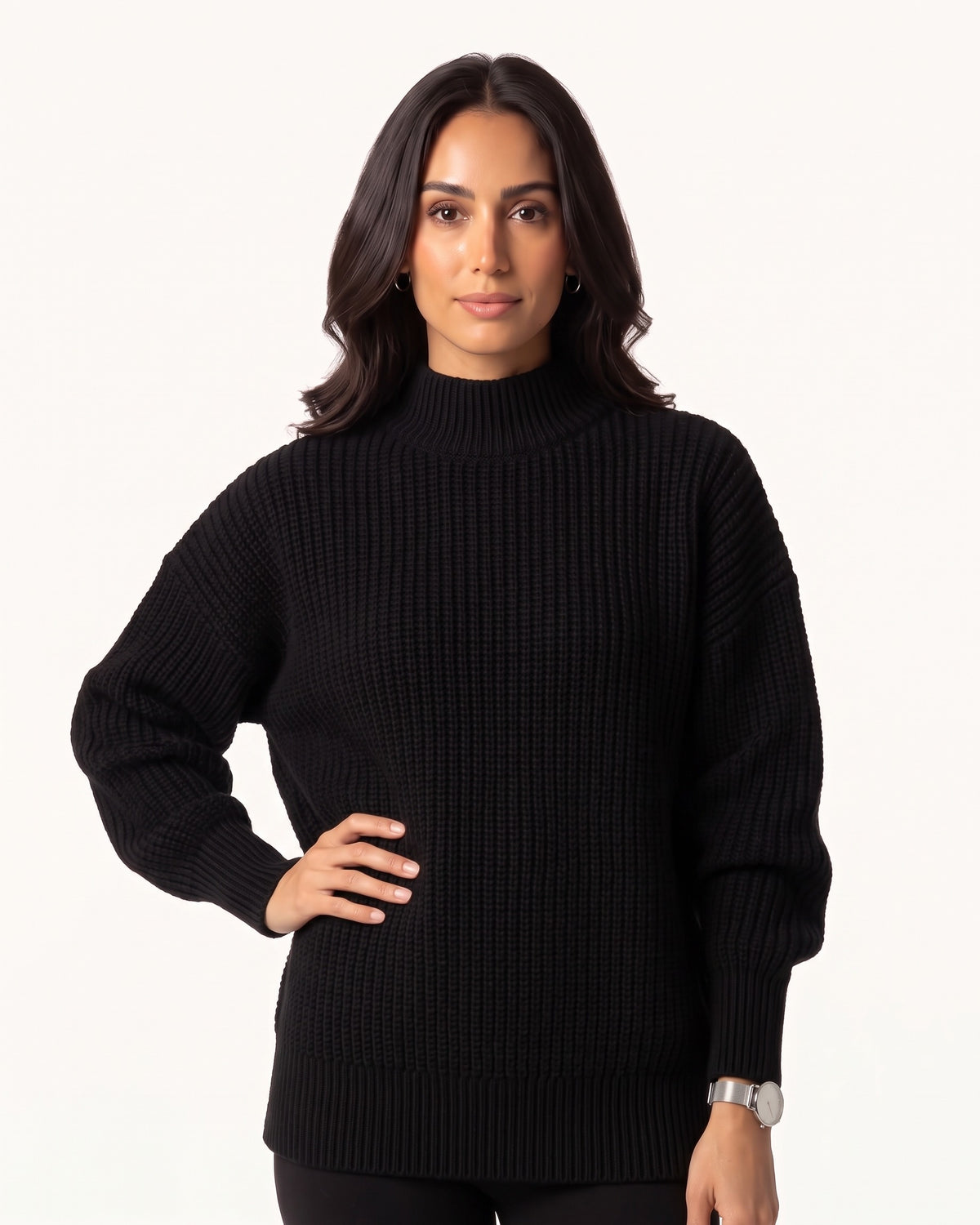 Black women’s chunky knit mock neck pullover with ribbed hem and long sleeves