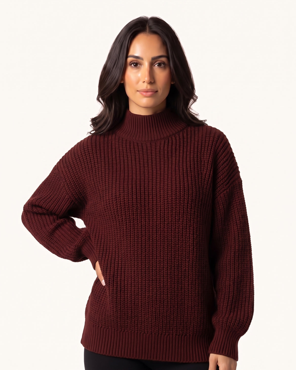 Burgundy women’s chunky knit mock neck pullover with ribbed hem and long sleeves