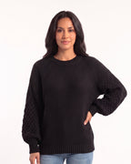 Women’s chunky knit sweater, black crew neck with ribbed hem and balloon sleeves