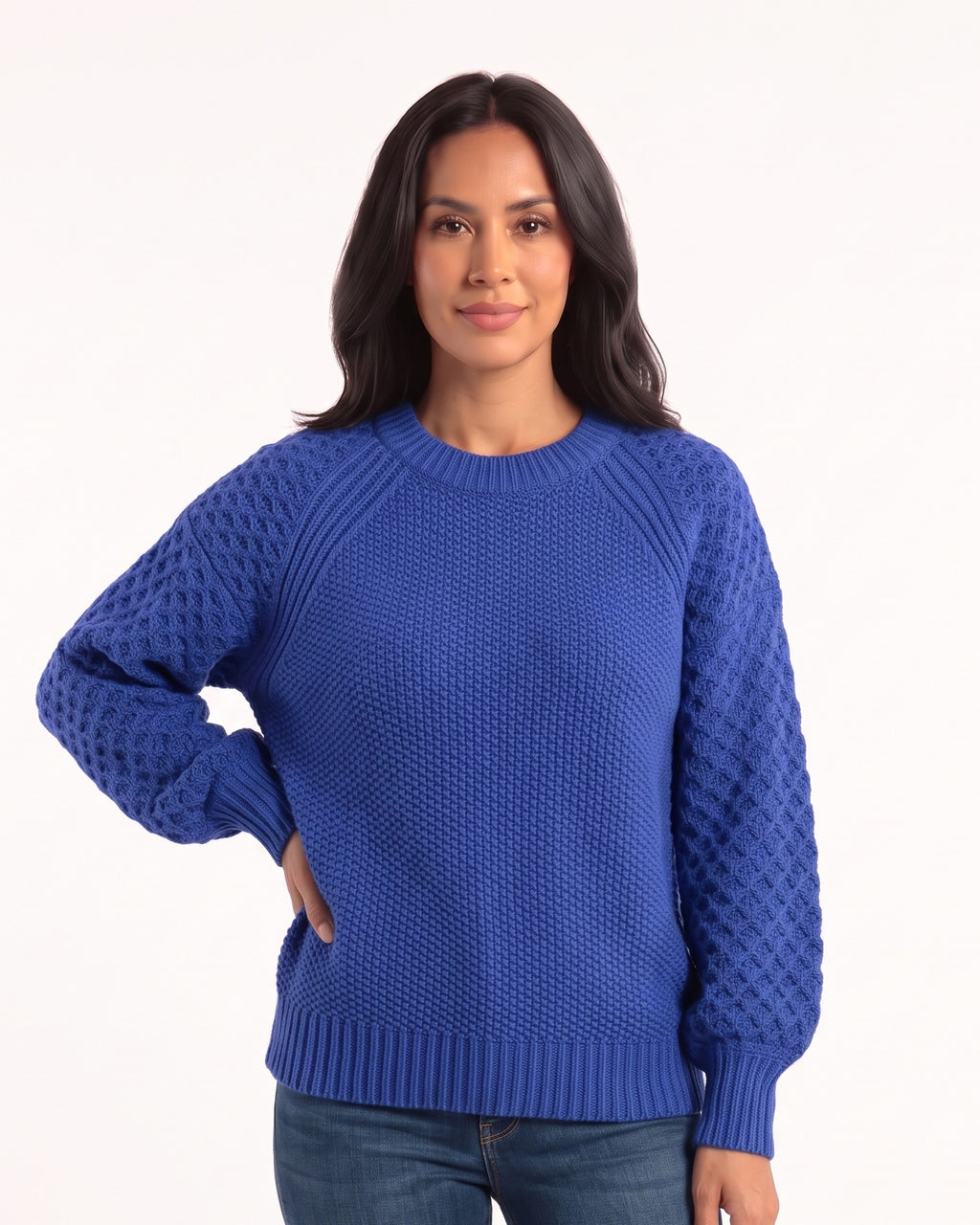 Women’s chunky knit sweater, royal blue crew neck with ribbed hem and balloon sleeves