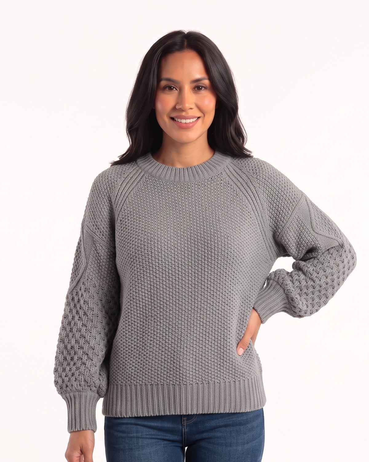 Women’s chunky knit sweater, gray crew neck with ribbed hem and balloon sleeves