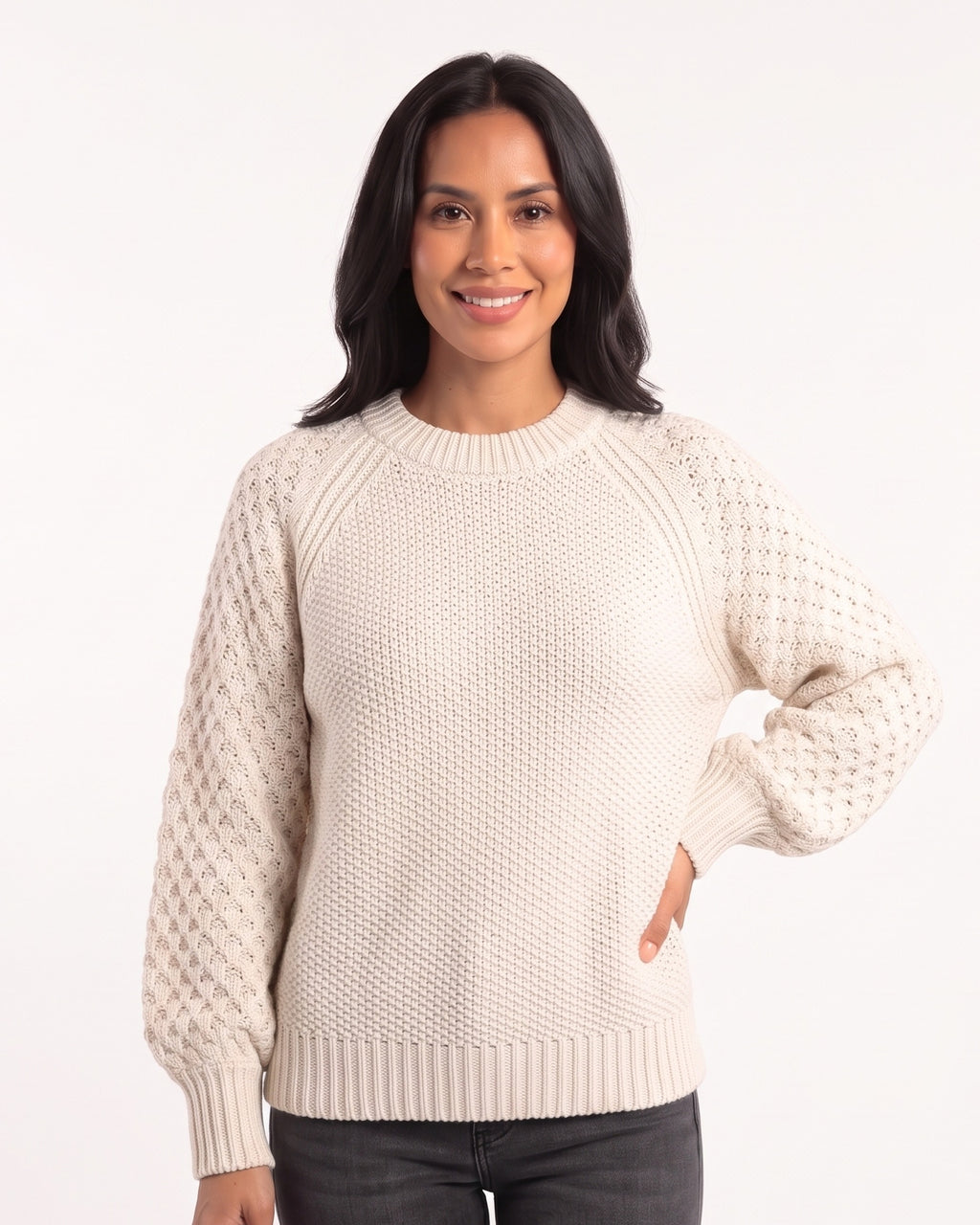 Women’s chunky knit sweater, cream crew neck with ribbed hem and balloon sleeves
