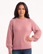 Women’s chunky knit sweater, dusty pink crew neck with ribbed hem and balloon sleeves