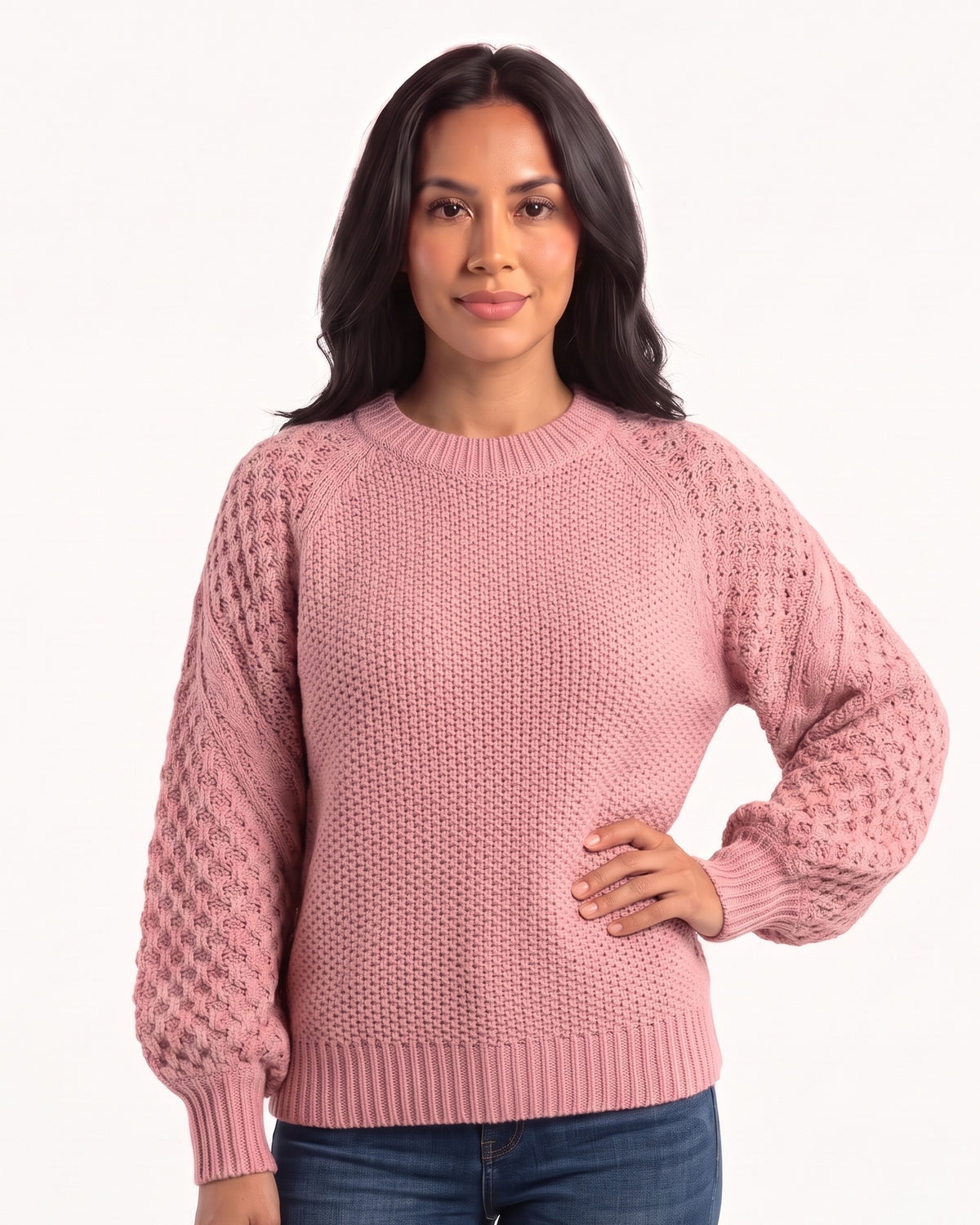 Women’s chunky knit sweater, dusty pink crew neck with ribbed hem and balloon sleeves