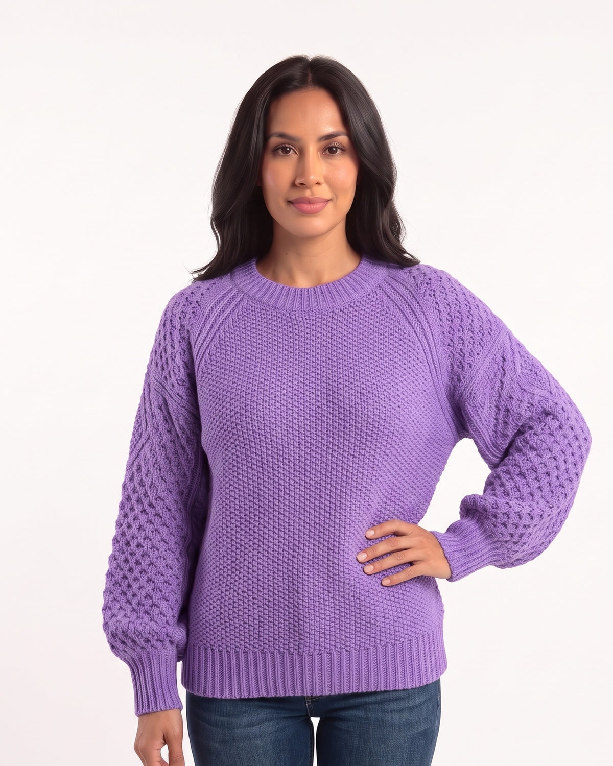Women’s chunky knit sweater, purple crew neck with ribbed hem and balloon sleeves
