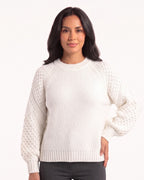 Women’s chunky knit sweater, off-white crew neck with ribbed hem and balloon sleeves