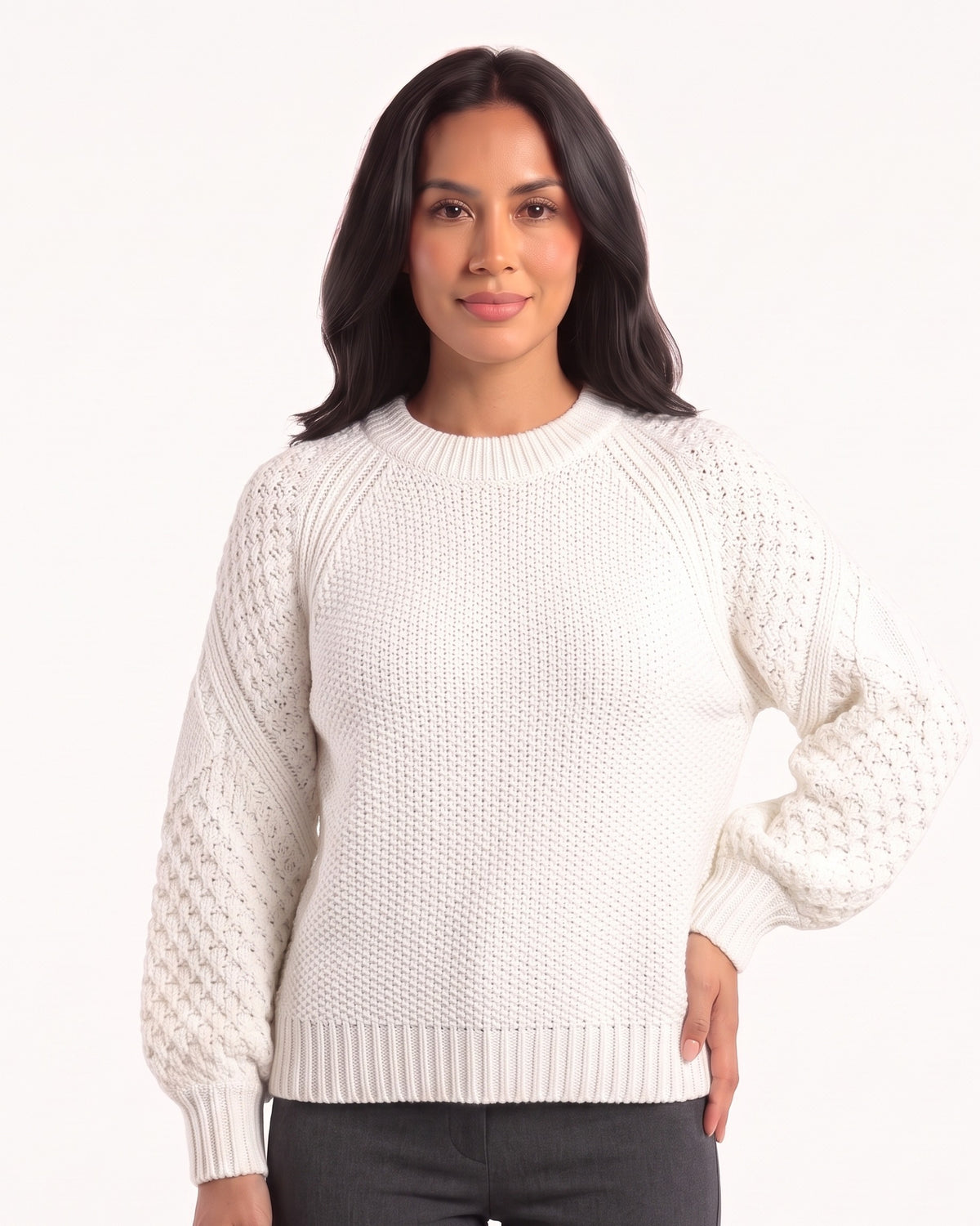Women’s chunky knit sweater, off-white crew neck with ribbed hem and balloon sleeves