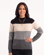 Color-block crew-neck knit sweater with ribbed cuffs and hem, long sleeves