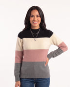 Color-block striped crew-neck knit pullover with long sleeves and contrast stitch lines