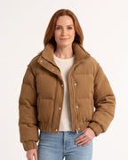 Women’s cropped corduroy puffer jacket in camel brown, stand collar, snap front, quilted