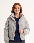 Women’s cropped corduroy puffer jacket in light gray, stand collar, snap front, pockets