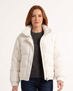 Women’s cropped corduroy puffer jacket in white, stand collar, snap front, front view