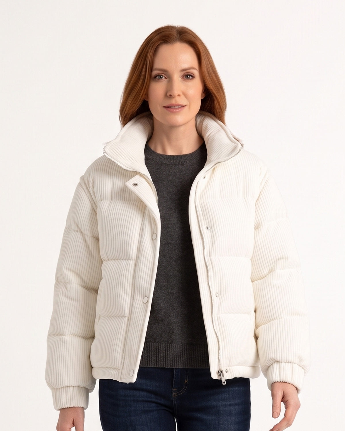 Women’s cropped corduroy puffer jacket in white, stand collar, snap front, front view