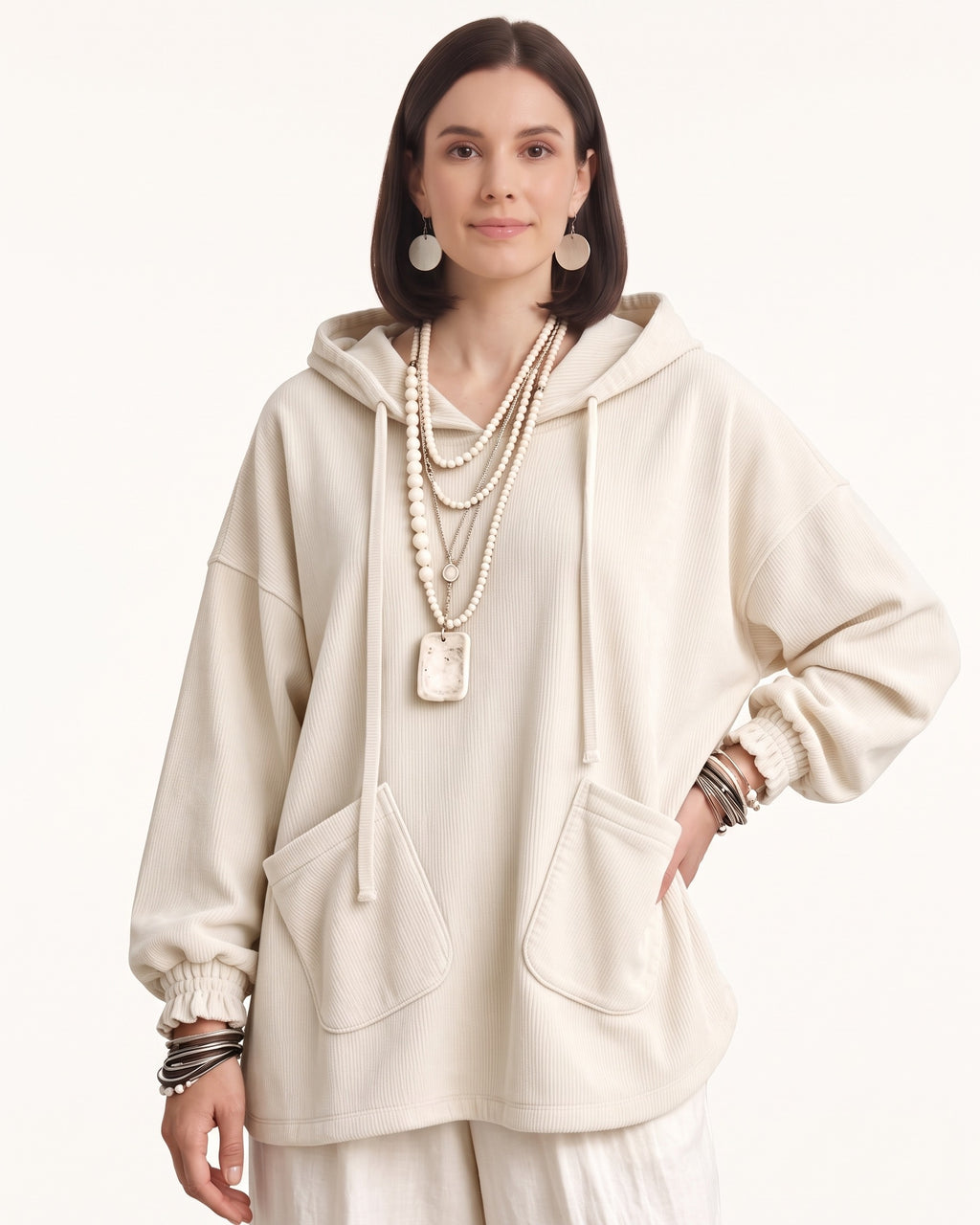Off-white corduroy oversized hoodie with drawstring hood and patch front pockets