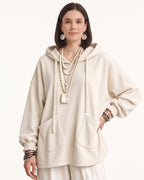 Off-white corduroy oversized hoodie with drawstring hood and patch front pockets