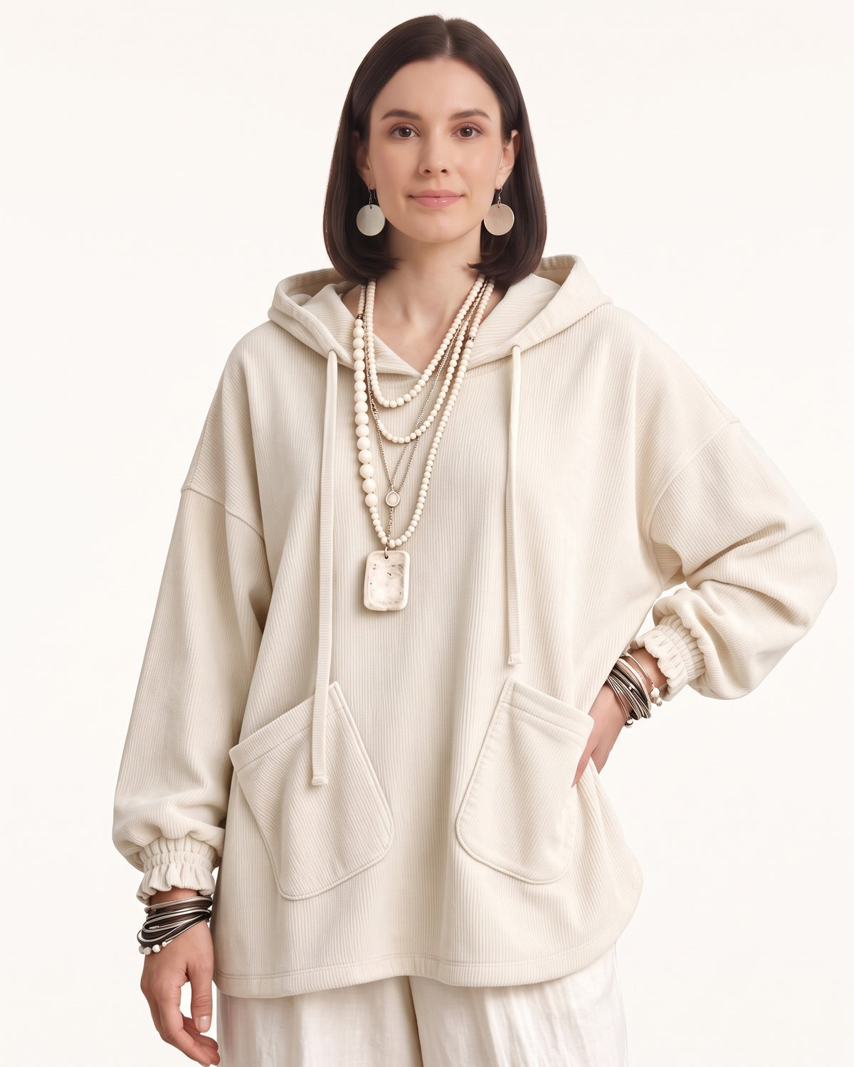 Off-white corduroy oversized hoodie with drawstring hood and patch front pockets