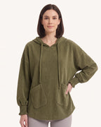 Deep olive corduroy oversized pullover hoodie with drawstring hood and patch pockets.
