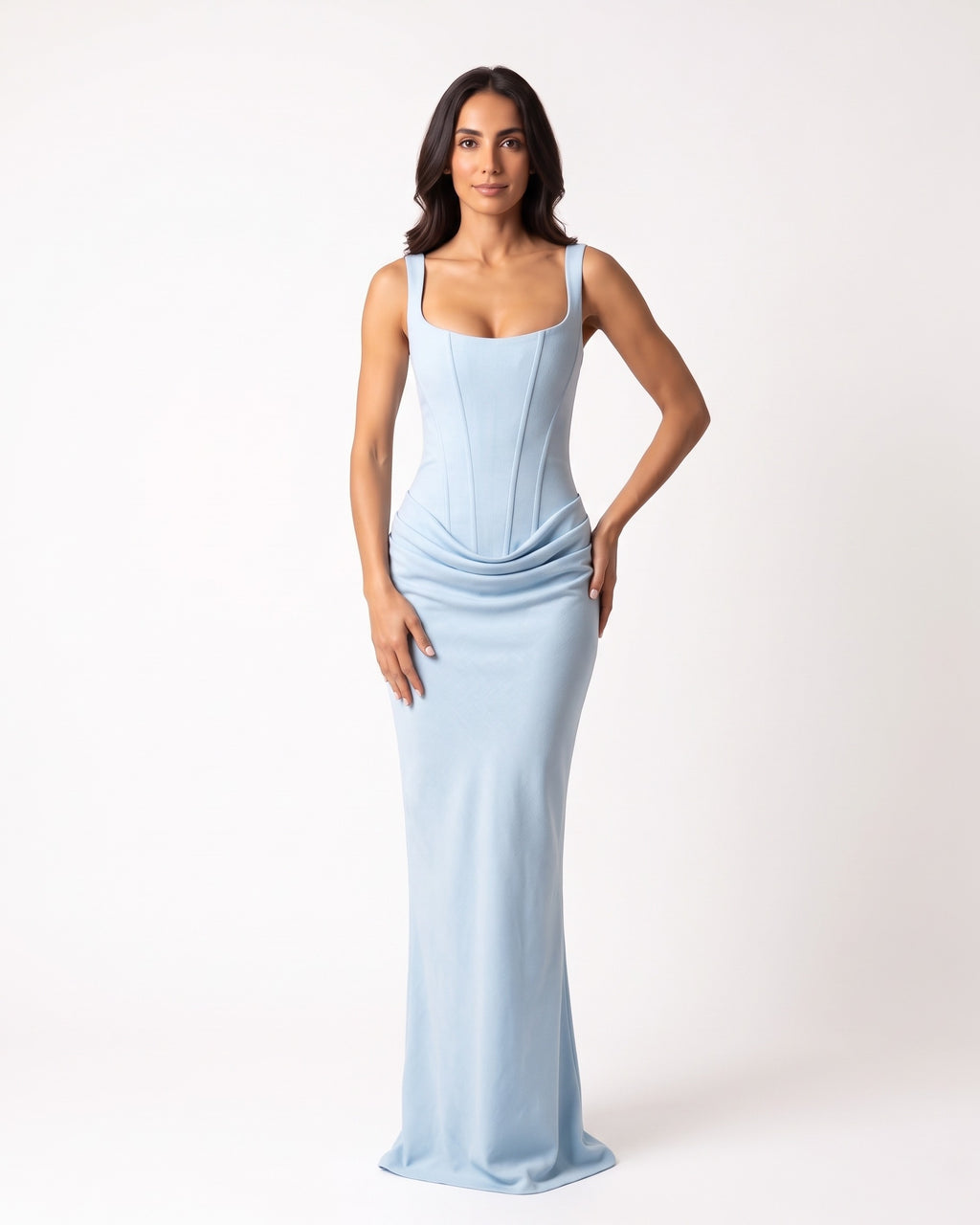 Light blue scoop-neck corset maxi dress, sleeveless fitted gown with draped waist.