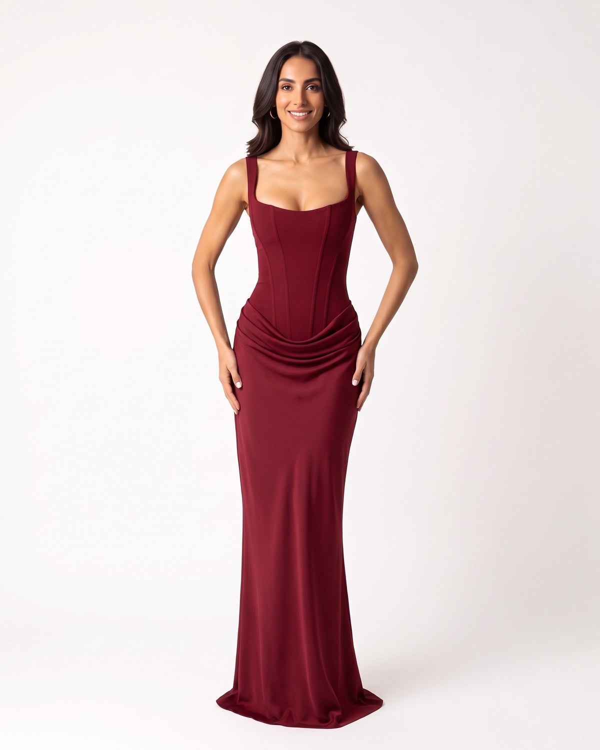 Burgundy scoop-neck corset maxi dress, sleeveless fitted gown with draped waist.
