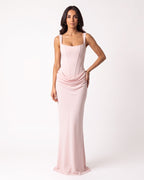 Blush corset maxi dress with scoop neck, thin straps, and fitted draped bodice
