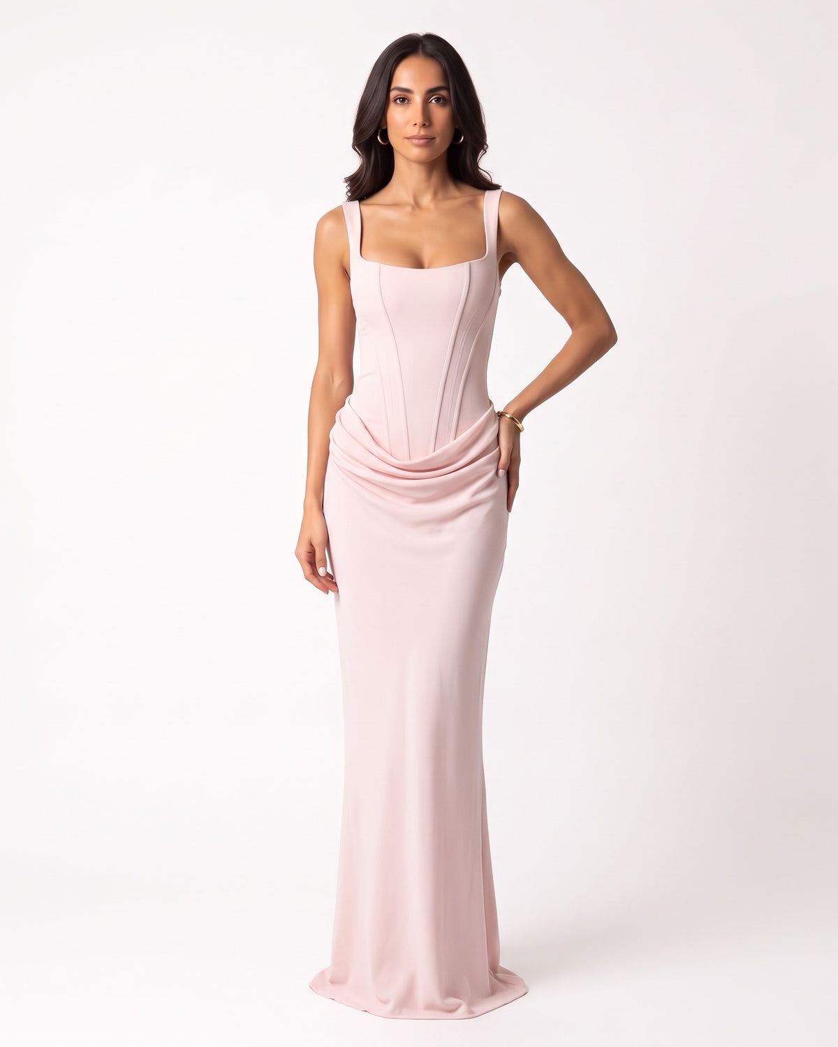 Blush corset maxi dress with scoop neck, thin straps, and fitted draped bodice