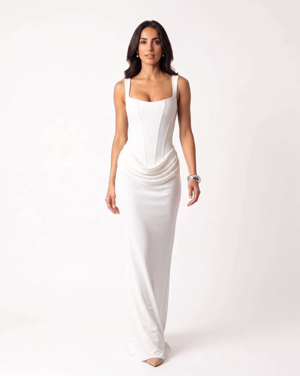 White scoop-neck corset maxi dress, sleeveless bodycon with draped waist ruching.