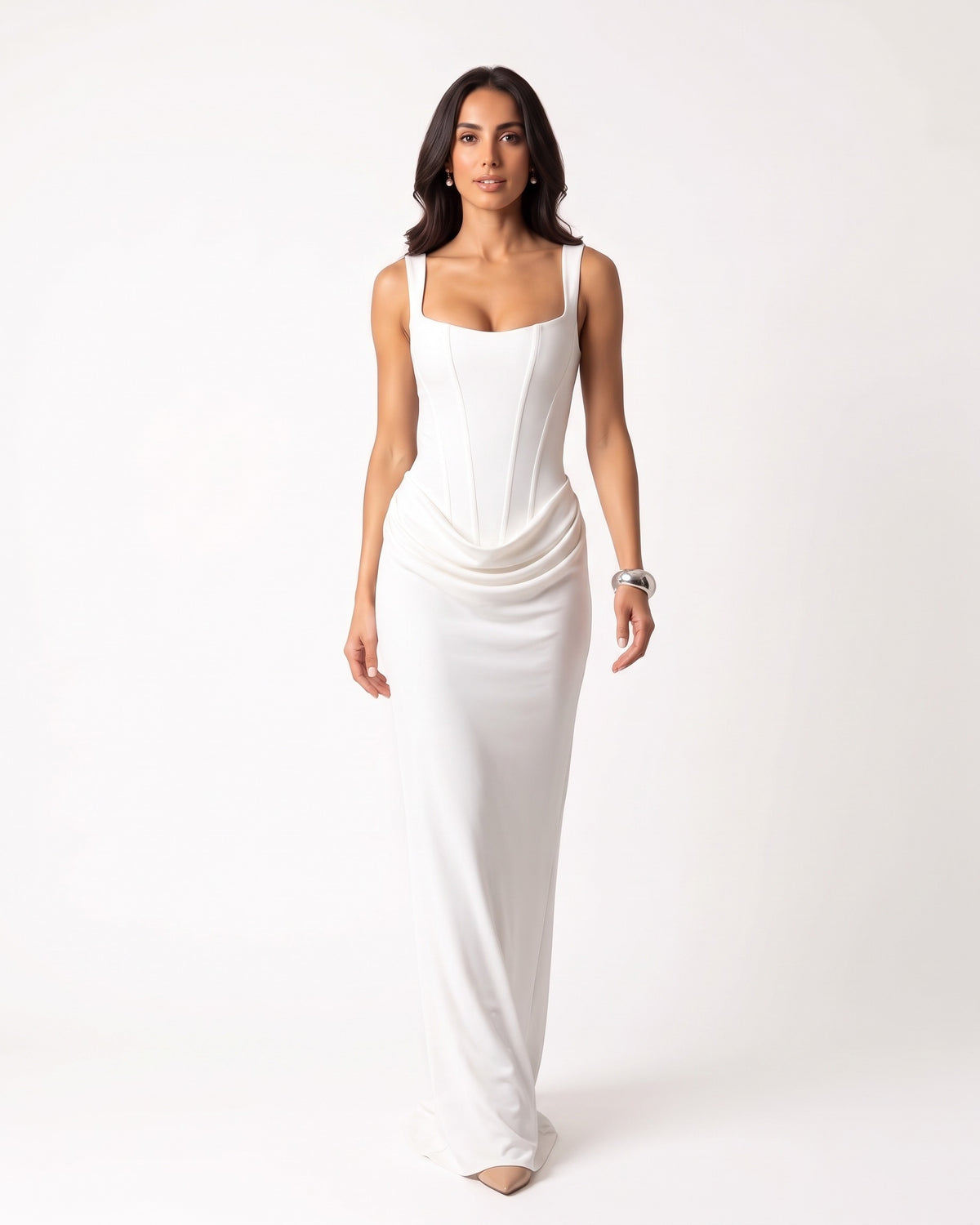 White scoop-neck corset maxi dress, sleeveless bodycon with draped waist ruching.